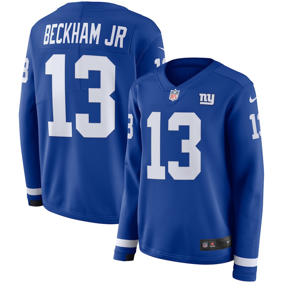Women New York Giants #13 Beckham Jr blue Limited NFL Nike Therma Long Sleeve Jersey->women nfl jersey->Women Jersey